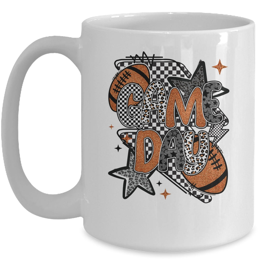 Retro Football Game Day Checkered Leopard Football Mama Mom Mug | siriusteestore