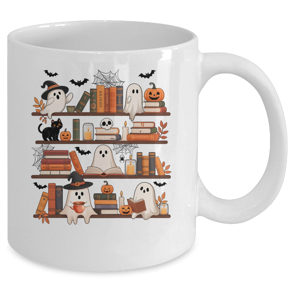 Retro Ghosts Reading Book Halloween Bookshelf Spooky Library Mug | siriusteestore