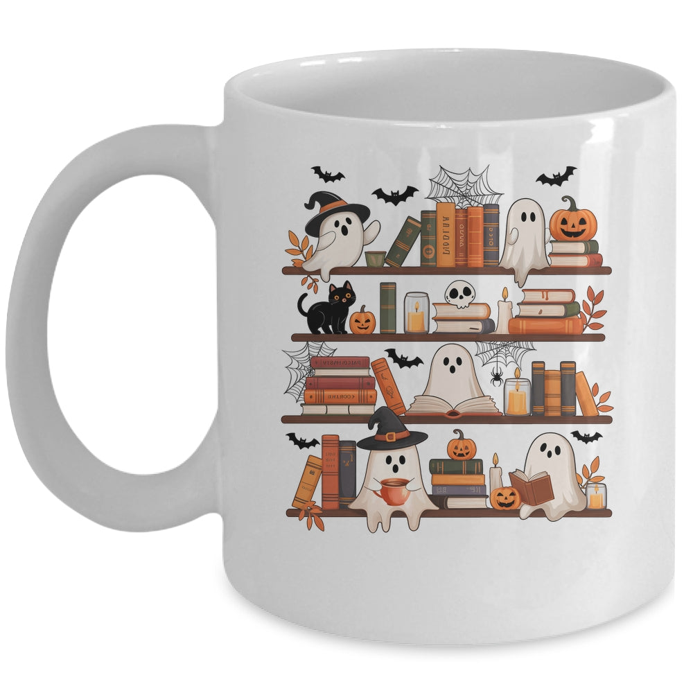 Retro Ghosts Reading Book Halloween Bookshelf Spooky Library Mug | siriusteestore