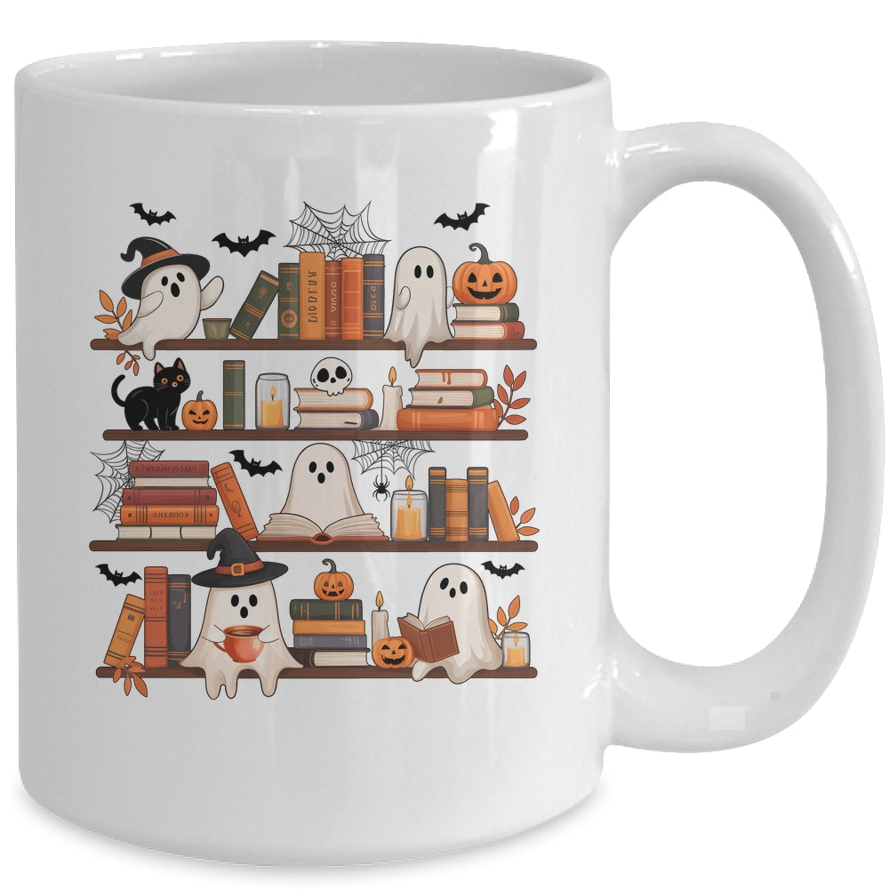 Retro Ghosts Reading Book Halloween Bookshelf Spooky Library Mug | siriusteestore