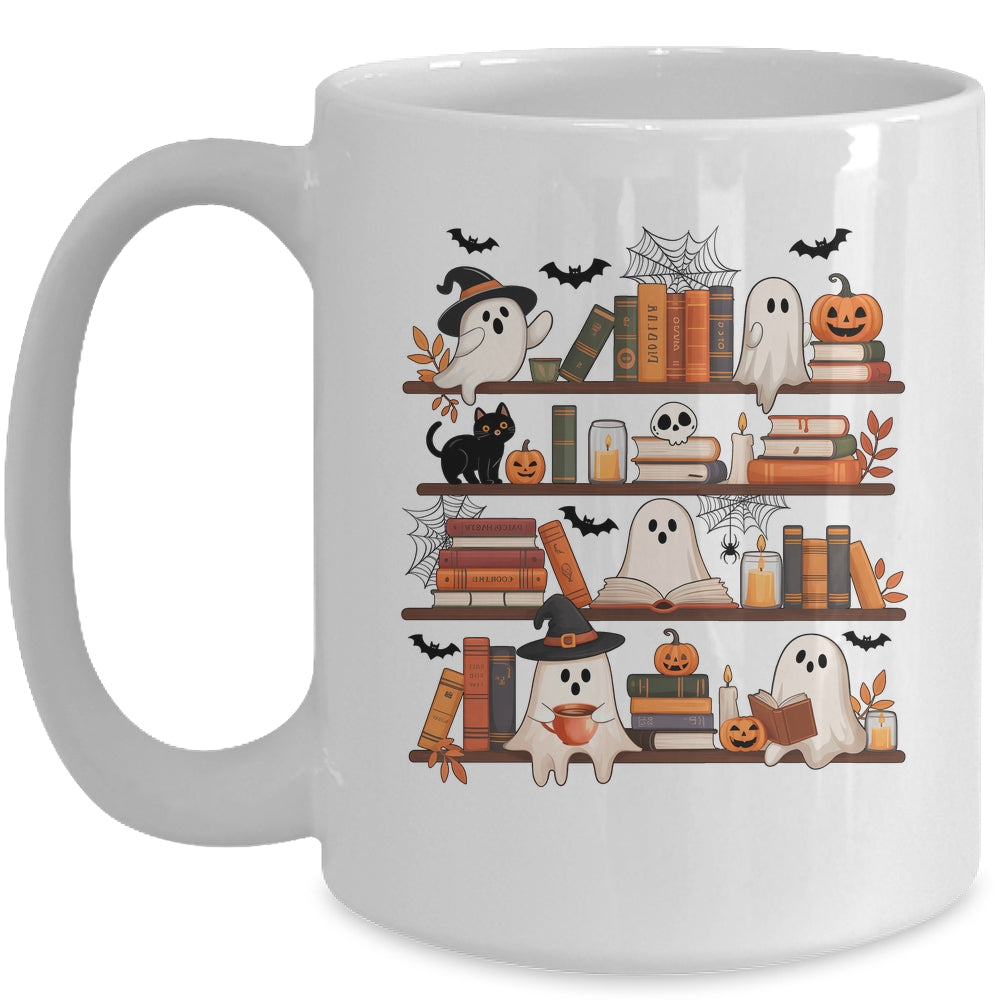 Retro Ghosts Reading Book Halloween Bookshelf Spooky Library Mug | siriusteestore