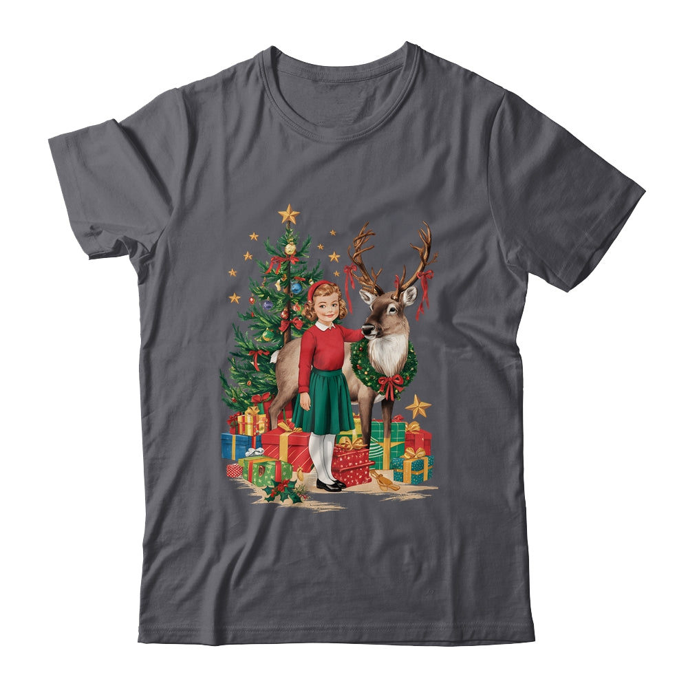 Retro Vintage Christmas 1950 1960 Girl Reindeer Xmas Tree Shirt & Sweatshirt | siriusteestore