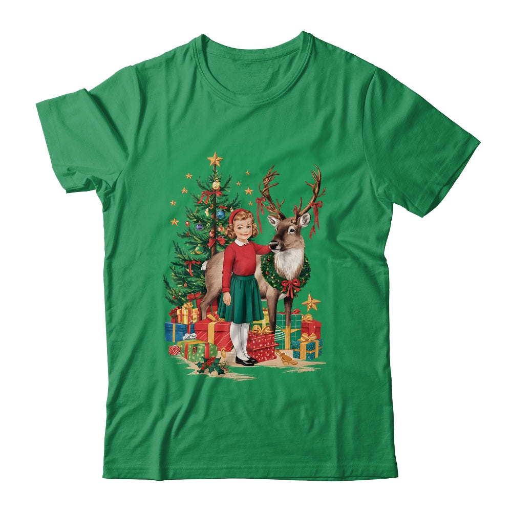 Retro Vintage Christmas 1950 1960 Girl Reindeer Xmas Tree Shirt & Sweatshirt | siriusteestore
