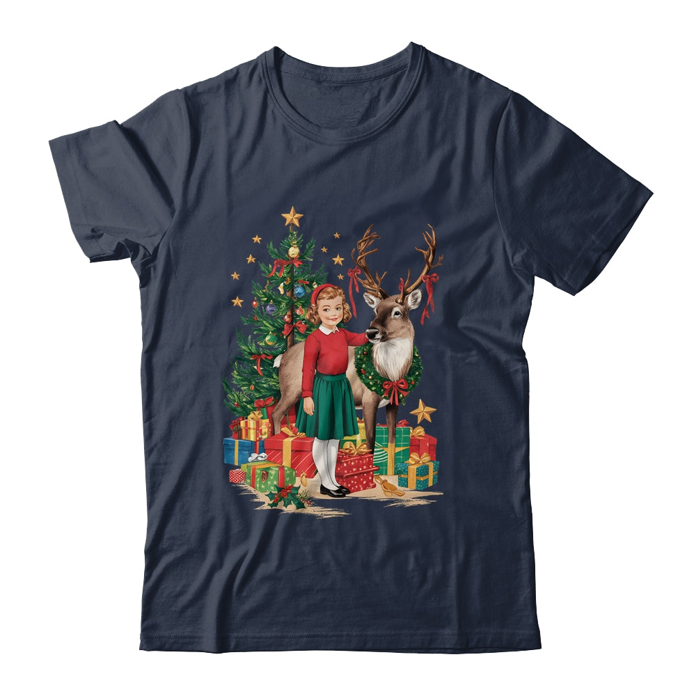 Retro Vintage Christmas 1950 1960 Girl Reindeer Xmas Tree Shirt & Sweatshirt | siriusteestore