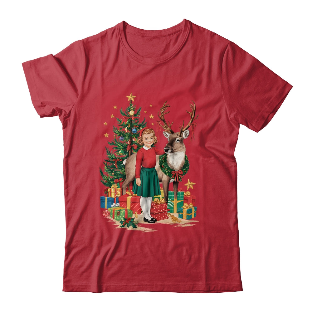 Retro Vintage Christmas 1950 1960 Girl Reindeer Xmas Tree Shirt & Sweatshirt | siriusteestore