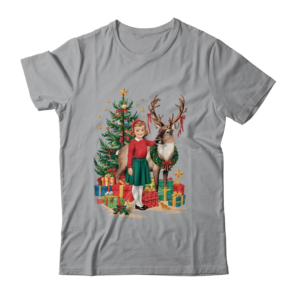 Retro Vintage Christmas 1950 1960 Girl Reindeer Xmas Tree Shirt & Sweatshirt | siriusteestore