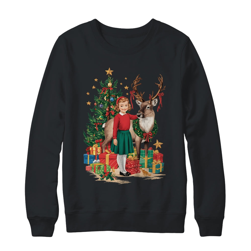 Retro Vintage Christmas 1950 1960 Girl Reindeer Xmas Tree Shirt & Sweatshirt | siriusteestore