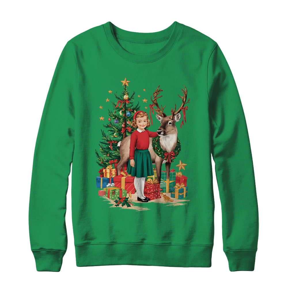 Retro Vintage Christmas 1950 1960 Girl Reindeer Xmas Tree Shirt & Sweatshirt | siriusteestore