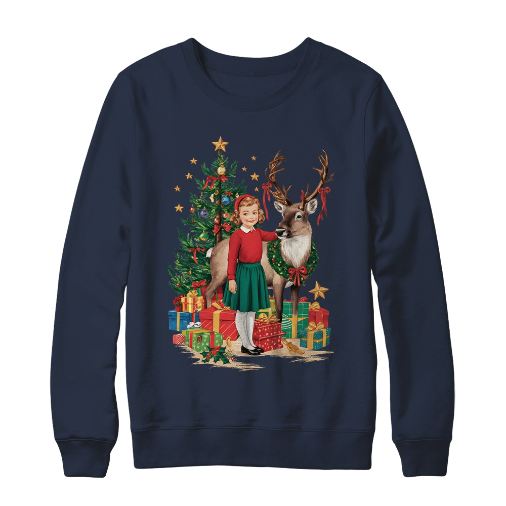 Retro Vintage Christmas 1950 1960 Girl Reindeer Xmas Tree Shirt & Sweatshirt | siriusteestore