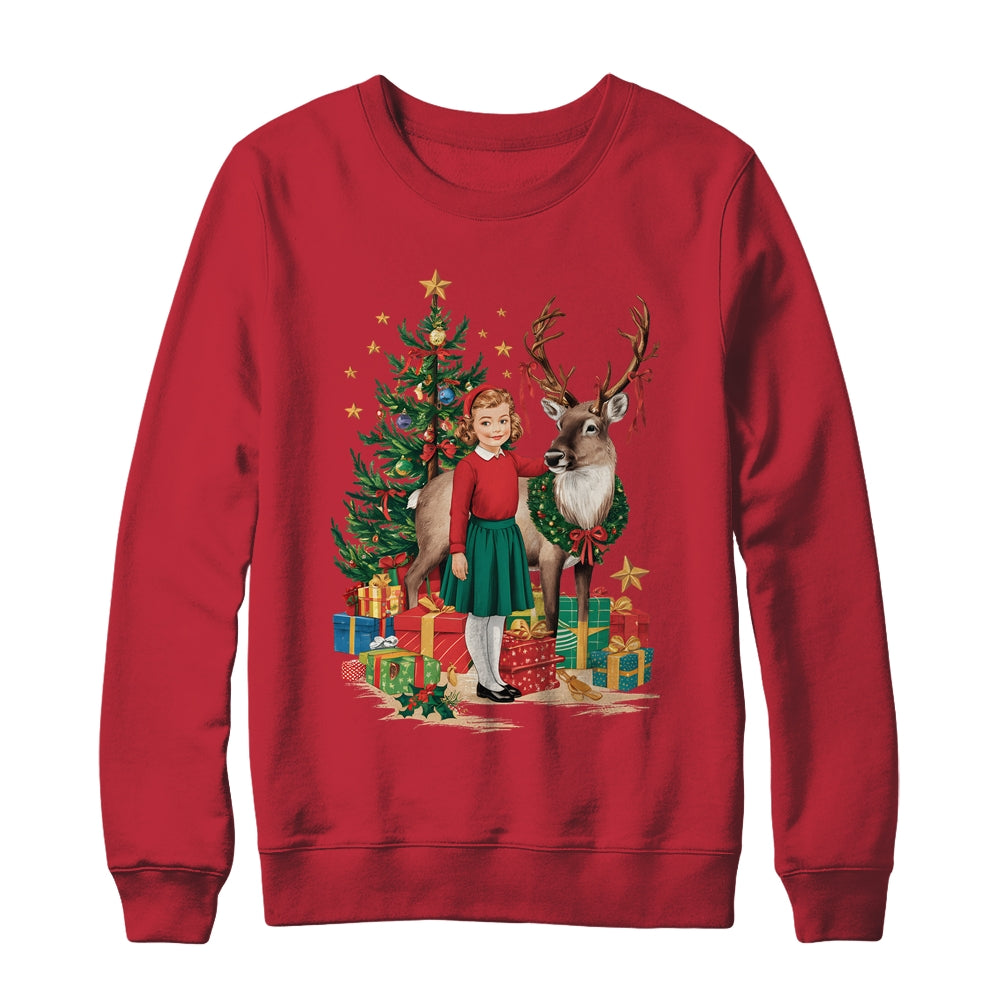 Retro Vintage Christmas 1950 1960 Girl Reindeer Xmas Tree Shirt & Sweatshirt | siriusteestore