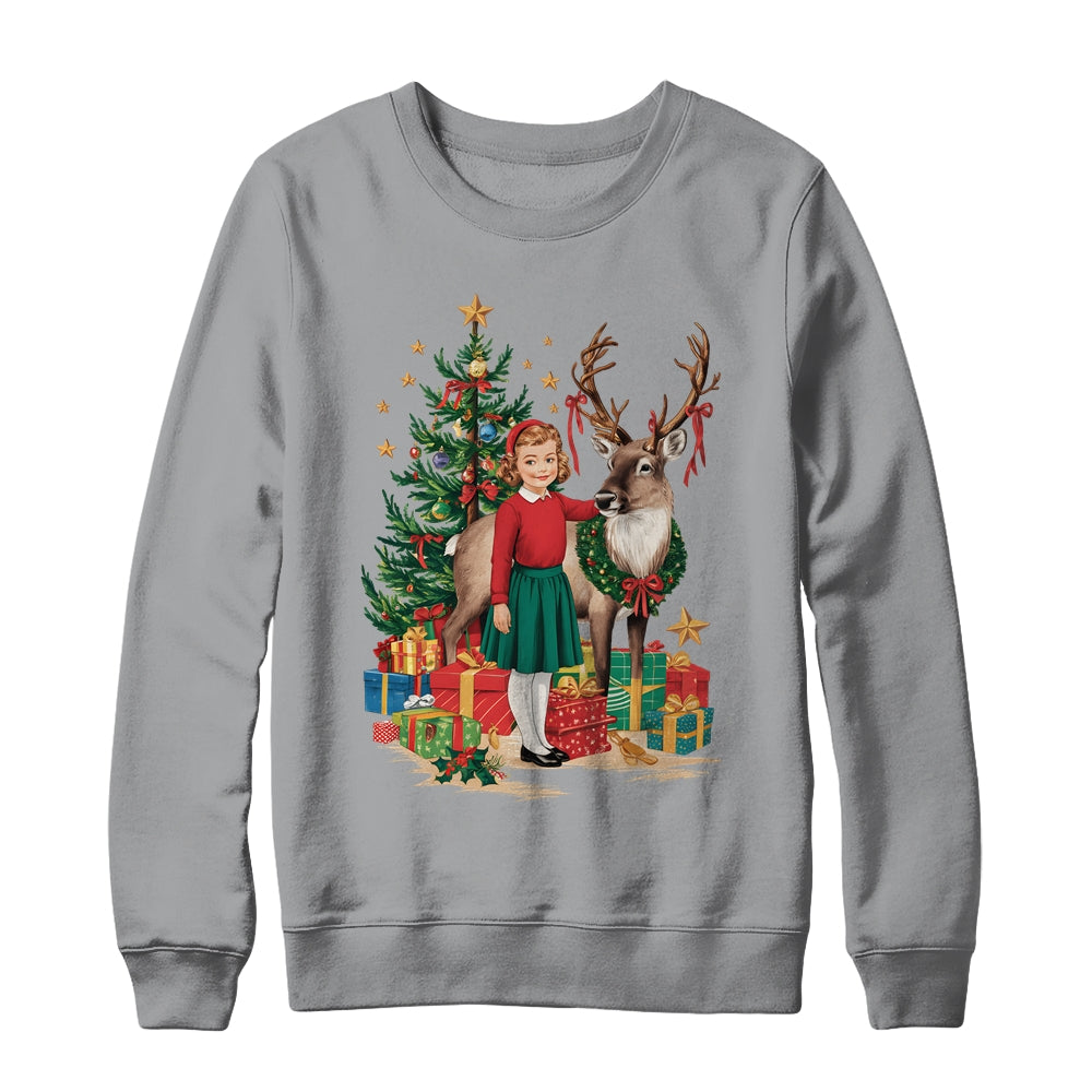 Retro Vintage Christmas 1950 1960 Girl Reindeer Xmas Tree Shirt & Sweatshirt | siriusteestore