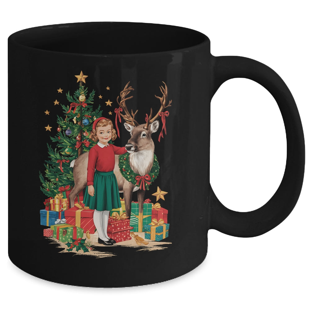 Retro Vintage Christmas 1950 1960 Girl Reindeer Xmas Tree Mug | siriusteestore