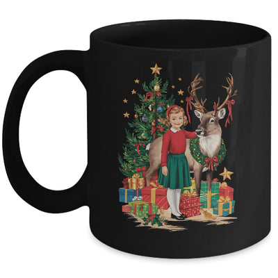 Retro Vintage Christmas 1950 1960 Girl Reindeer Xmas Tree Mug | siriusteestore
