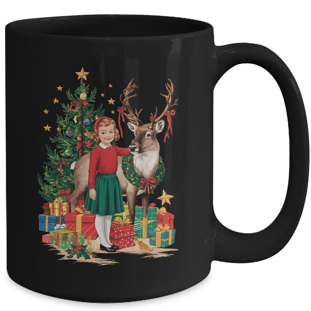 Retro Vintage Christmas 1950 1960 Girl Reindeer Xmas Tree Mug | siriusteestore
