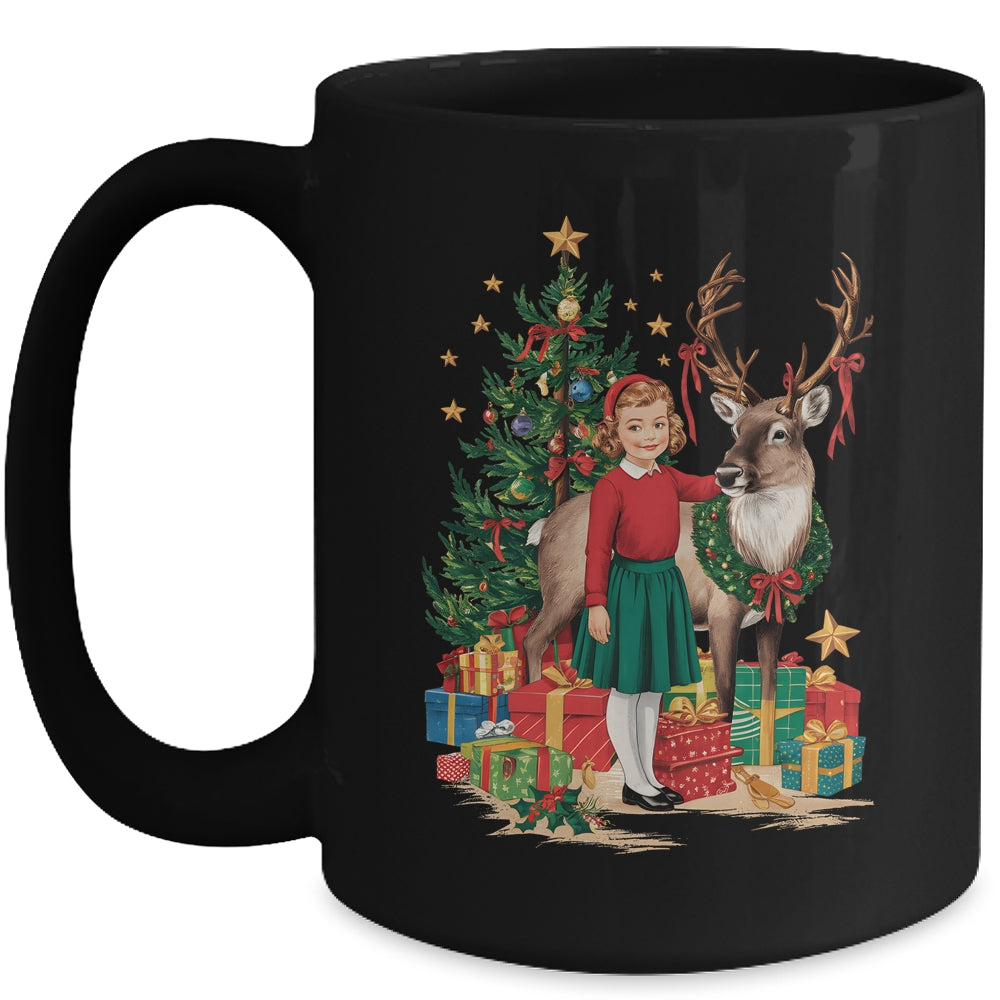 Retro Vintage Christmas 1950 1960 Girl Reindeer Xmas Tree Mug | siriusteestore