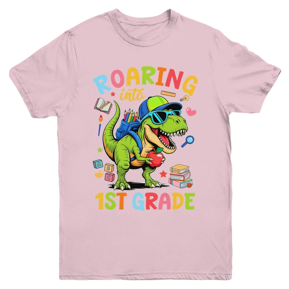 Roaring Into 1st Grade Back To School Boys T-Rex Dinosaur Youth Shirt | siriusteestore