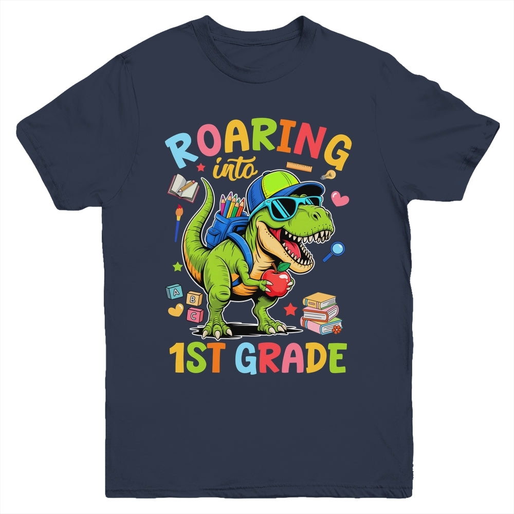 Roaring Into 1st Grade Back To School Boys T-Rex Dinosaur Youth Shirt | siriusteestore