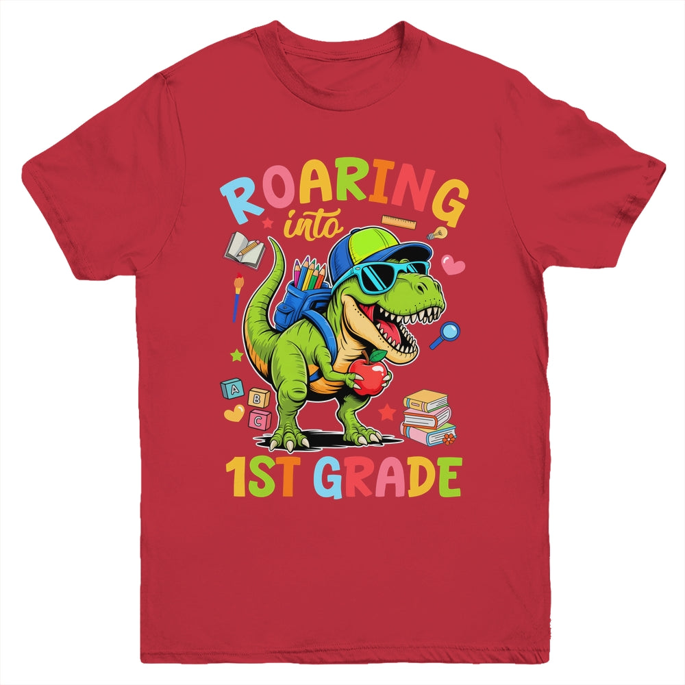 Roaring Into 1st Grade Back To School Boys T-Rex Dinosaur Youth Shirt | siriusteestore
