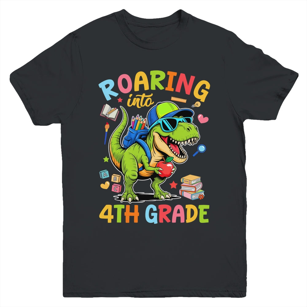 Roaring Into 4th Grade Back To School Boys T-Rex Dinosaur Youth Shirt | siriusteestore