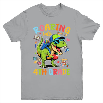Roaring Into 4th Grade Back To School Boys T-Rex Dinosaur Youth Shirt | siriusteestore