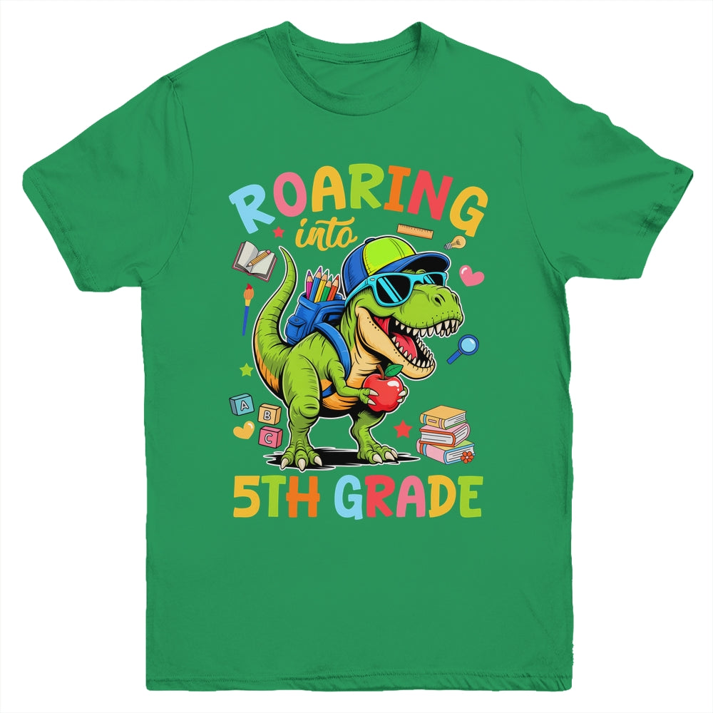 Roaring Into 5th Grade Back To School Boys T-Rex Dinosaur Youth Shirt | siriusteestore