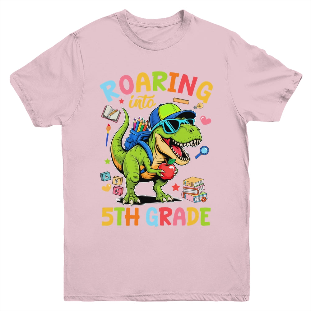 Roaring Into 5th Grade Back To School Boys T-Rex Dinosaur Youth Shirt | siriusteestore