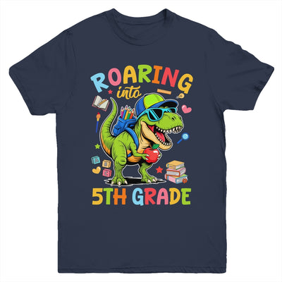 Roaring Into 5th Grade Back To School Boys T-Rex Dinosaur Youth Shirt | siriusteestore
