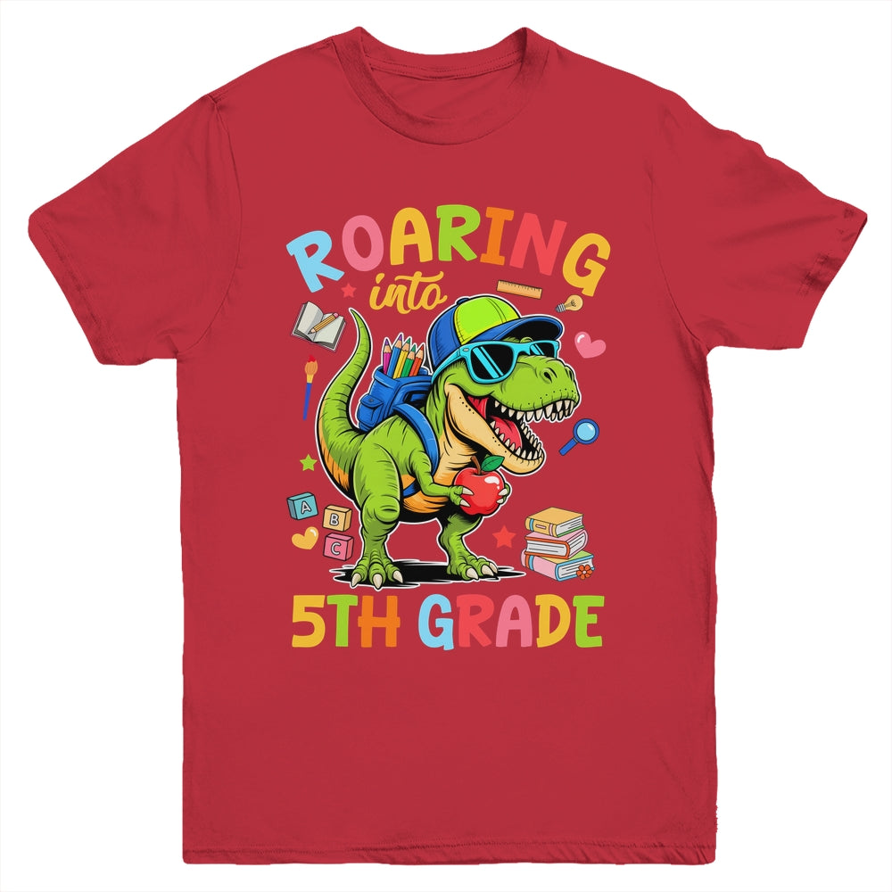 Roaring Into 5th Grade Back To School Boys T-Rex Dinosaur Youth Shirt | siriusteestore
