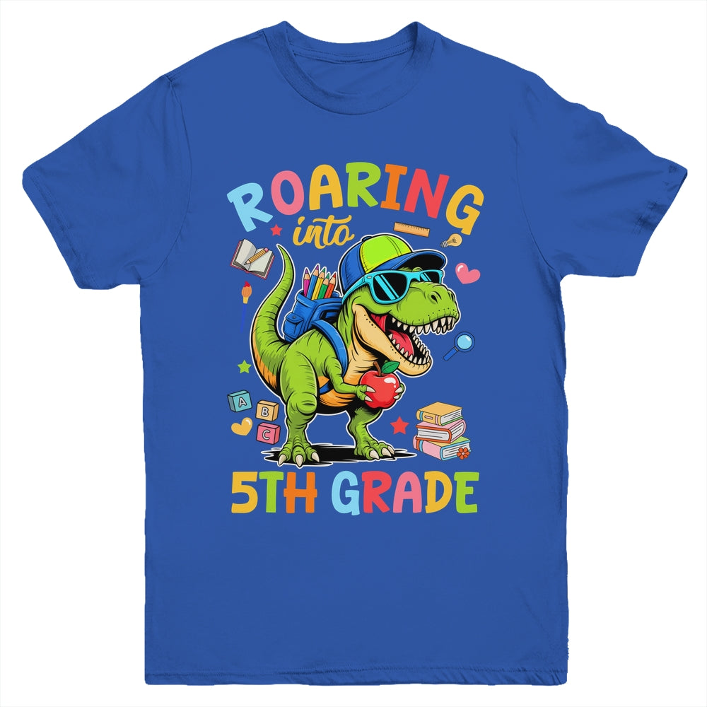 Roaring Into 5th Grade Back To School Boys T-Rex Dinosaur Youth Shirt | siriusteestore