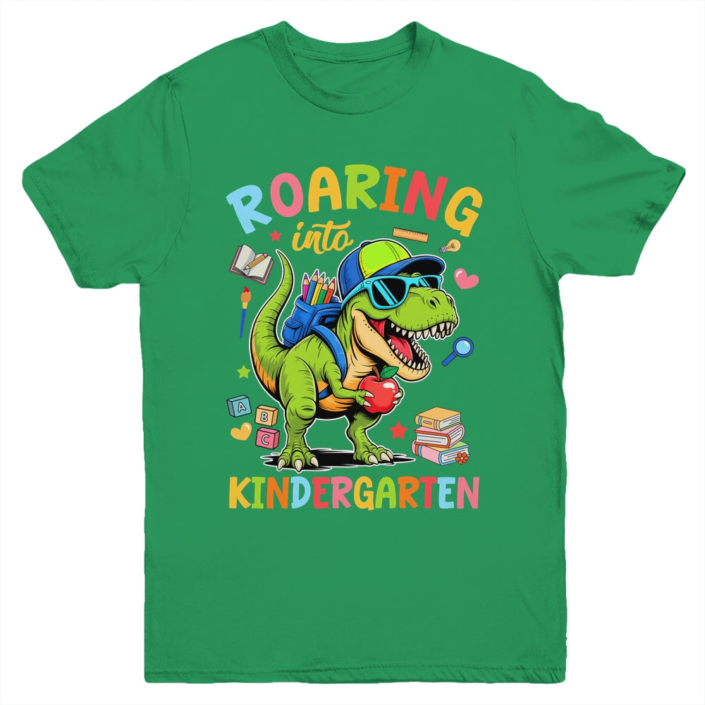 Roaring Into Kindergarten Back To School Boys T-Rex Dinosaur Youth Shirt | siriusteestore