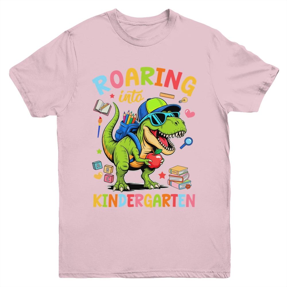Roaring Into Kindergarten Back To School Boys T-Rex Dinosaur Youth Shirt | siriusteestore