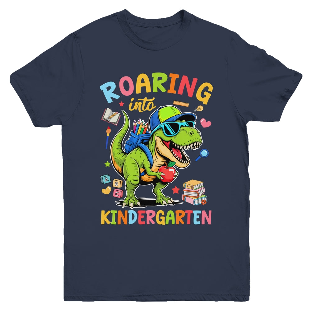 Roaring Into Kindergarten Back To School Boys T-Rex Dinosaur Youth Shirt | siriusteestore