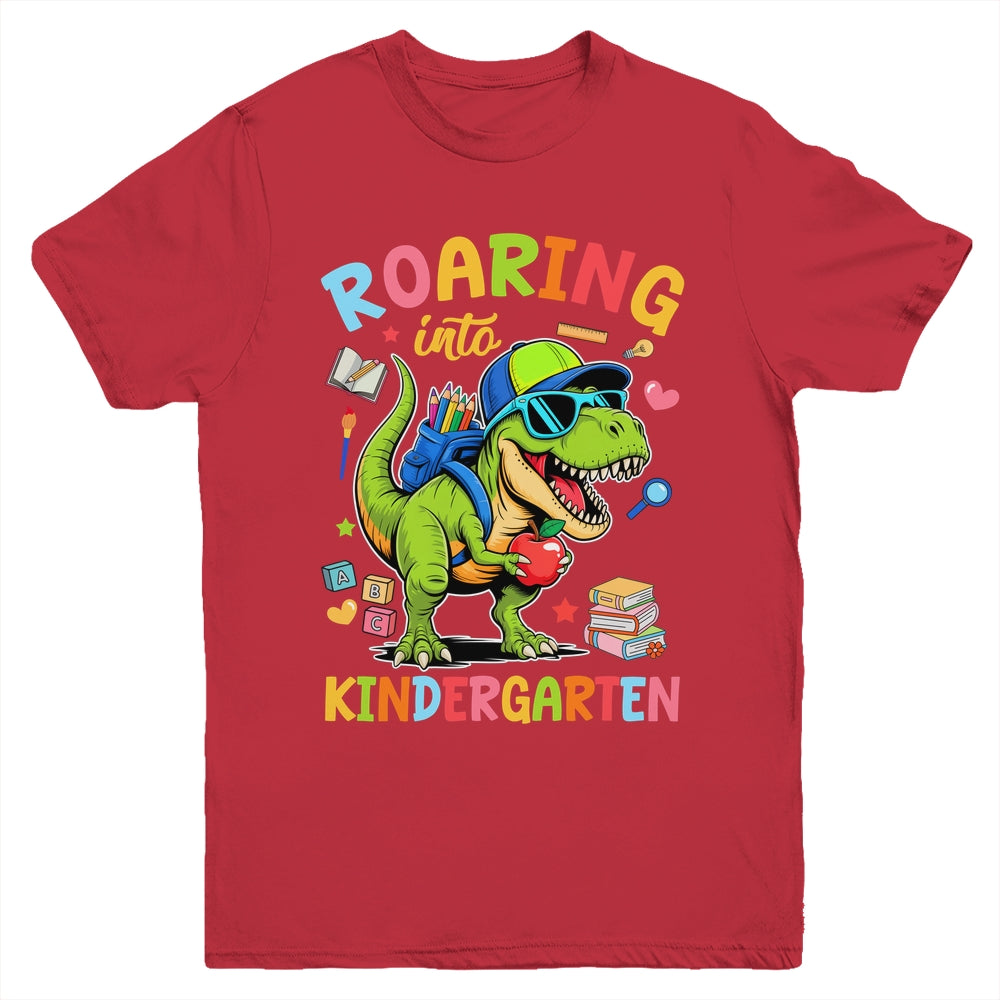 Roaring Into Kindergarten Back To School Boys T-Rex Dinosaur Youth Shirt | siriusteestore