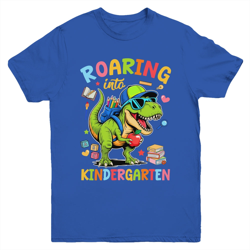 Roaring Into Kindergarten Back To School Boys T-Rex Dinosaur Youth Shirt | siriusteestore