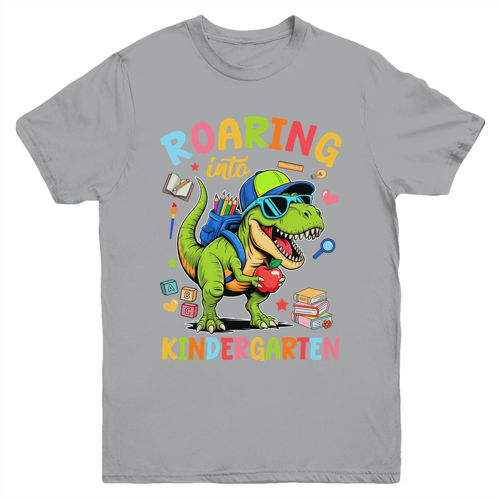 Roaring Into Kindergarten Back To School Boys T-Rex Dinosaur Youth Shirt | siriusteestore