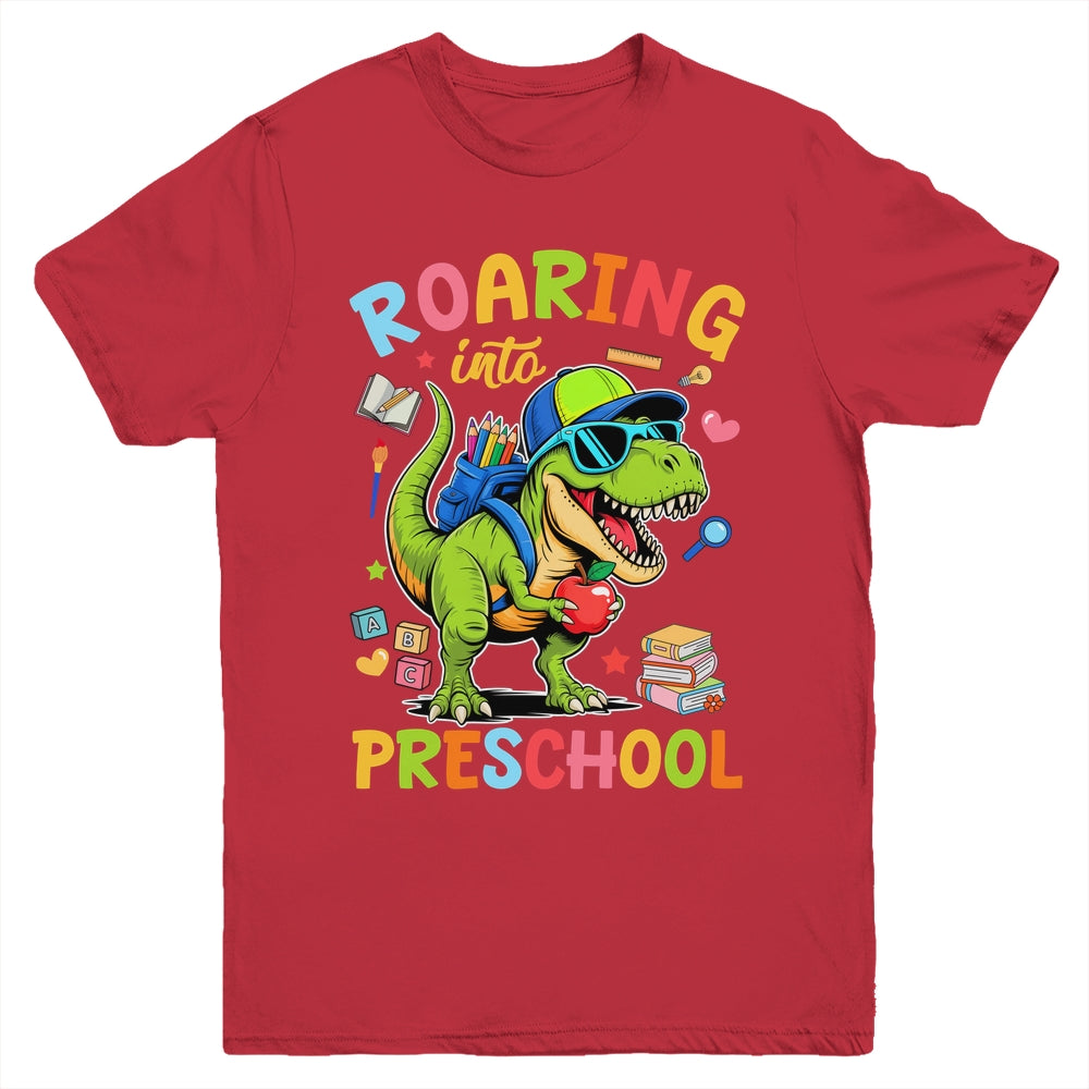 Roaring Into Preschool Back To School Boys T-Rex Dinosaur Youth Shirt | siriusteestore