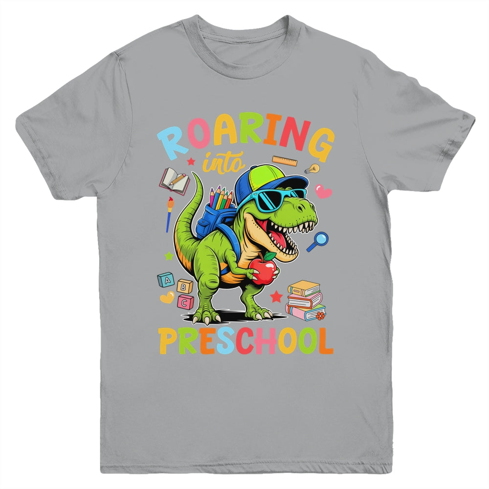 Roaring Into Preschool Back To School Boys T-Rex Dinosaur Youth Shirt | siriusteestore