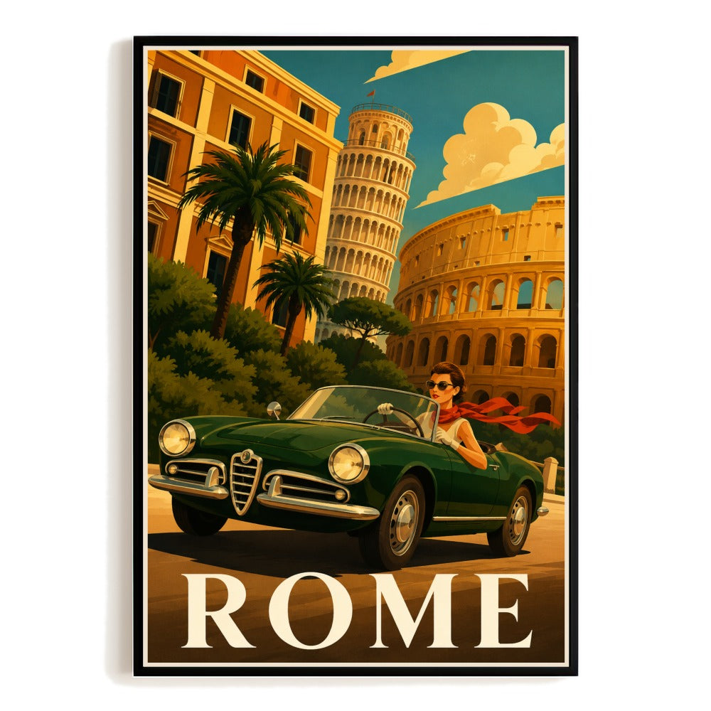 Rome Italy Travel Poster Vintage Retro Car Woman Driving Wall Art Decor Colosseum Leaning Tower Print Painting Picture Ideal For Home Living Room Kitchen Unframed | siriusteestore
