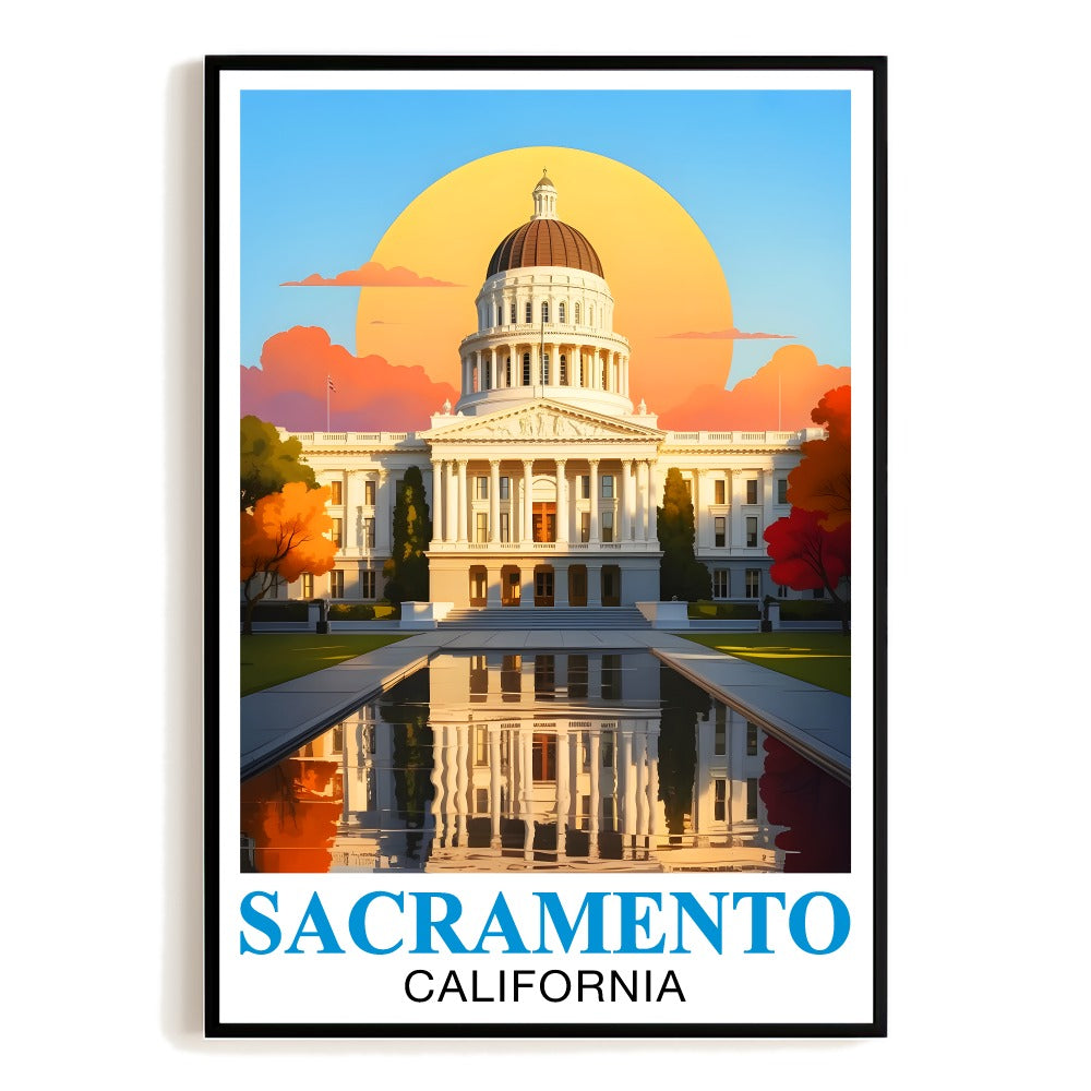Sacramento California Vintage Travel Poster State Capitol Sunset Autumn Souvenir Landscape Wall Art Print Ideal For Home Office Living Room Bedroom Decor Unframed | siriusteestore
