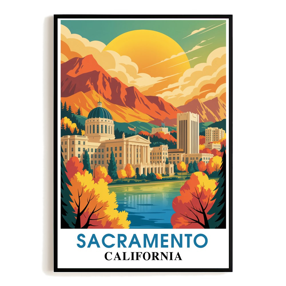 Sacramento California Vintage Travel Poster State Capitol Sunset Mountain Landscape Souvenir Wall Art Print Ideal For Home Office Living Room Bedroom Decor Unframed | siriusteestore