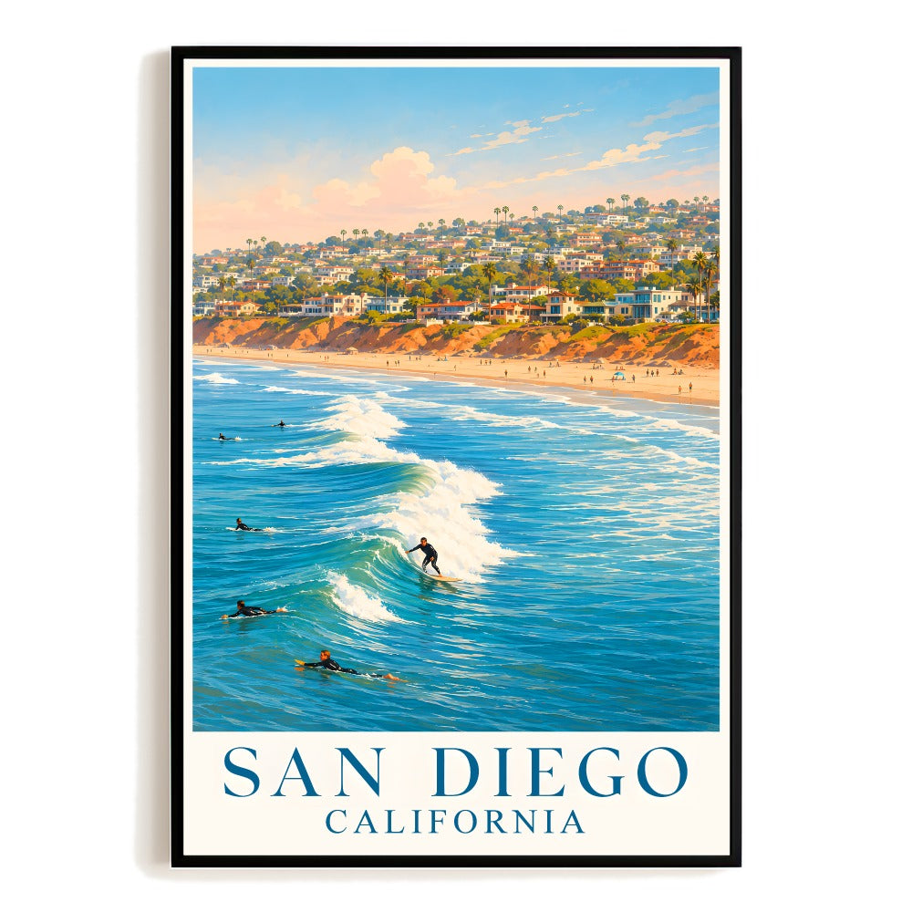 San Diego California Travel Poster Vintage Surf Beach Ocean Landscape Wall Art Print Souvenir Home Living Room Office Bedroom Decor Unframed | siriusteestore