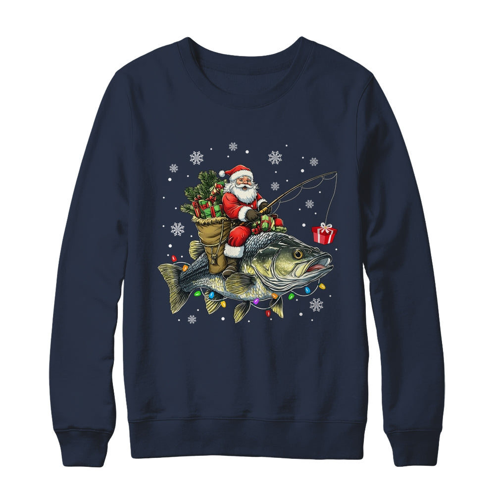 Santa Riding Bass Fish Christmas Fishing Lover Funny Xmas Shirt & Sweatshirt | siriusteestore