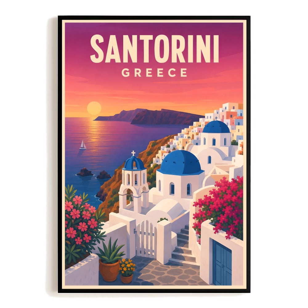 Santorini Greece Travel Poster Mediterranean Sunset Blue Dome Landscape Wall Art Decor For Home Living Room Bedroom Office Kitchen Souvenir Print Unframed | siriusteestore