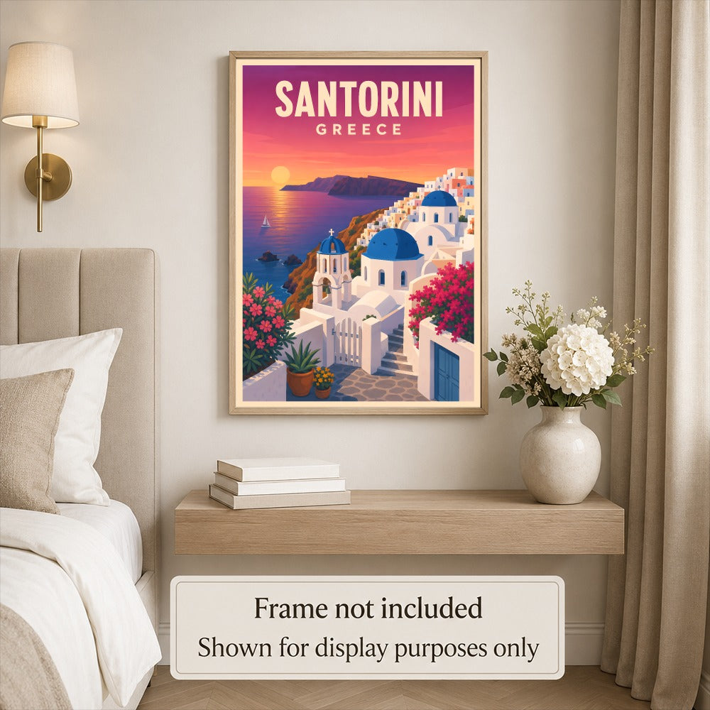 Santorini Greece Travel Poster Mediterranean Sunset Blue Dome Landscape Wall Art Decor For Home Living Room Bedroom Office Kitchen Souvenir Print Unframed | siriusteestore