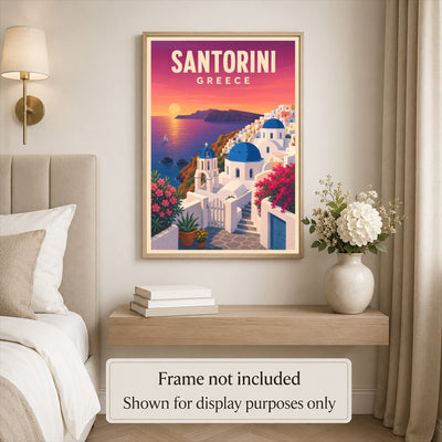Santorini Greece Travel Poster Mediterranean Sunset Blue Dome Landscape Wall Art Decor For Home Living Room Bedroom Office Kitchen Souvenir Print Unframed | siriusteestore