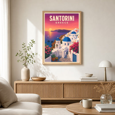 Santorini Greece Travel Poster Mediterranean Sunset Blue Dome Landscape Wall Art Decor For Home Living Room Bedroom Office Kitchen Souvenir Print Unframed | siriusteestore