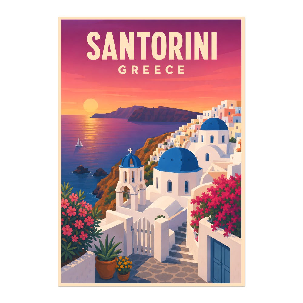 Santorini Greece Travel Poster Mediterranean Sunset Blue Dome Landscape Wall Art Decor For Home Living Room Bedroom Office Kitchen Souvenir Print Unframed | siriusteestore