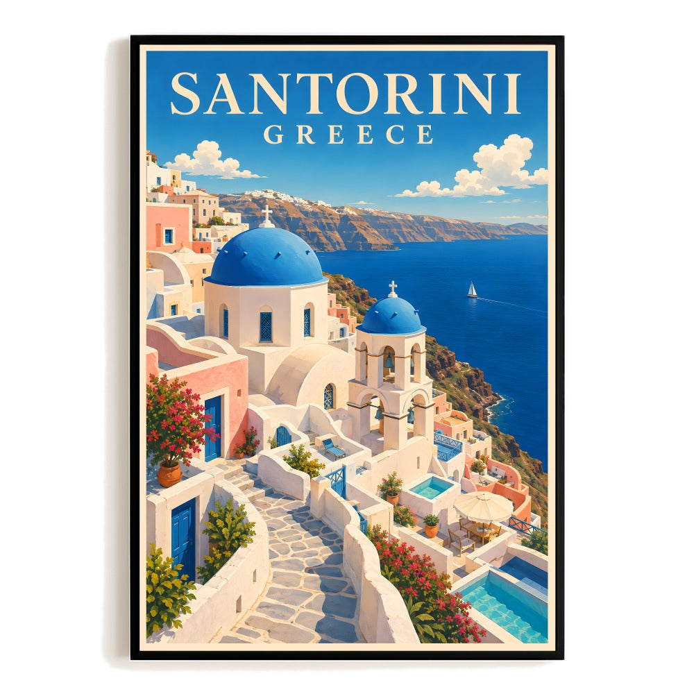 Santorini Greece Travel Poster Vintage Mediterranean Architecture Blue Dome Wall Art Landscape Print Painting Picture Ideal For Home Living Room Office Decor Unframed | siriusteestore