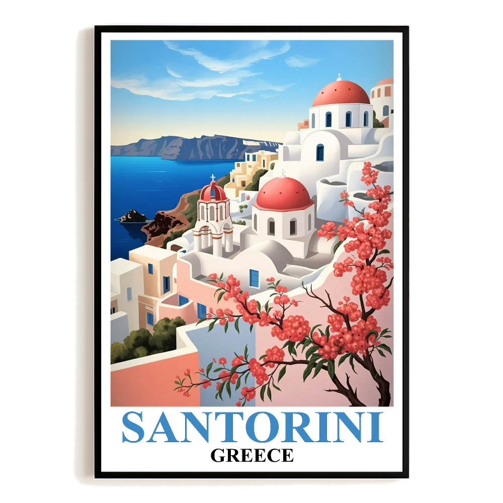 Santorini Greece Vintage Travel Poster White Cliffside Buildings Church Sunset Views Souvenir Wall Art Landscape Print Ideal For Home Office Living Room Decor Unframed | siriusteestore