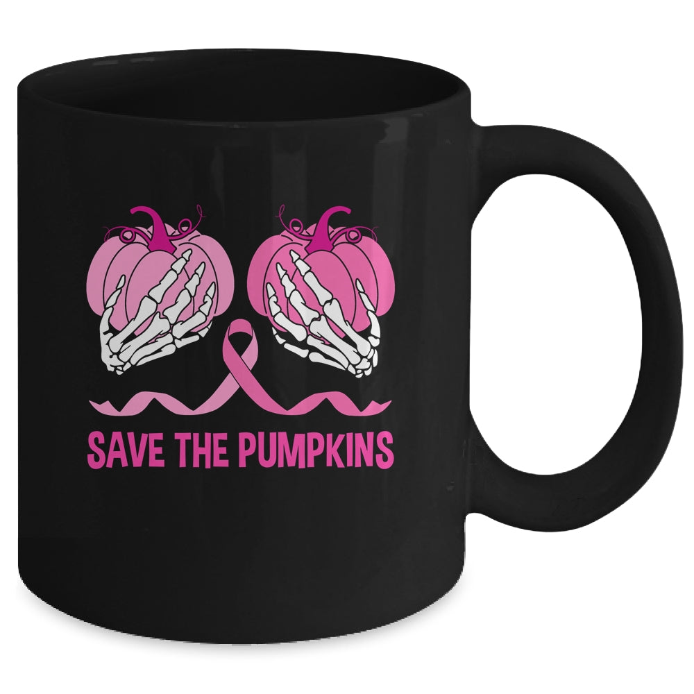 Save The Pumpkin Boobs Skeleton Hand Halloween Breast Cancer Mug | siriusteestore
